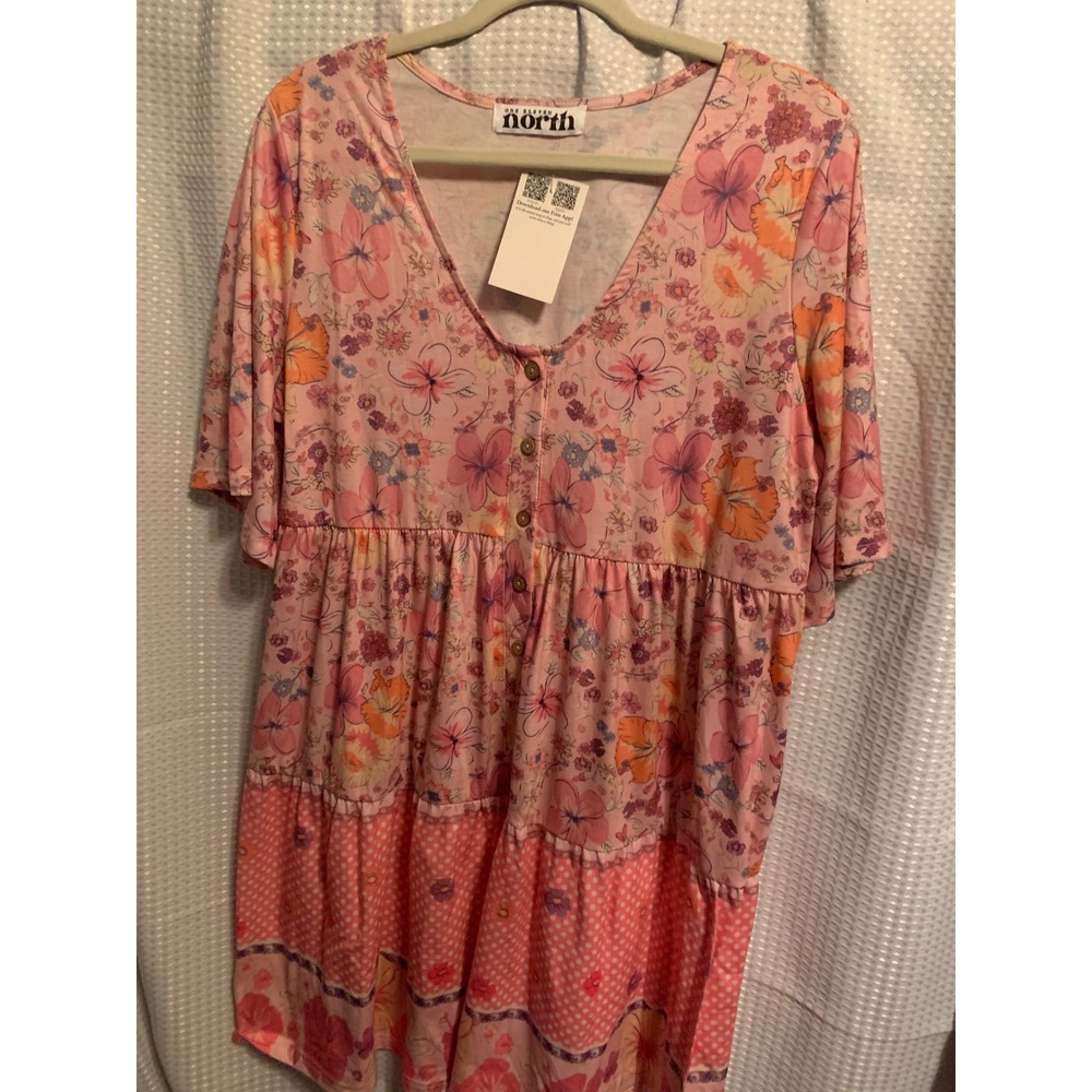 One Eleven North Pink Floral Polka Dot Tiered Babydoll Mini Dress Short Sleeve